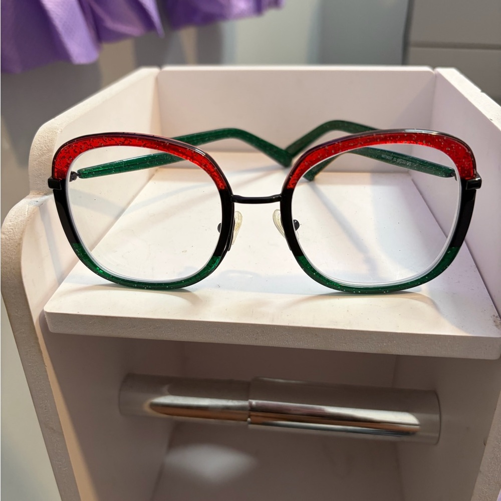 Inspired Red and Green Cat-Eye Glasses.